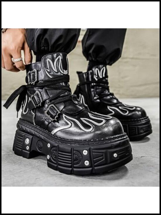 Men\'s Black Leather Platform Motorcycle Ankle Boots Flame Pattern Side Zipper main image 6